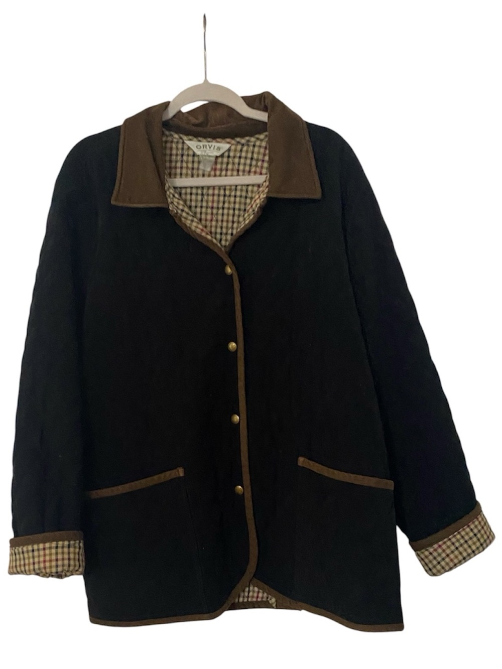 Orvis Black Quilted Utility Barn Jacket with Brown Trim See Measurements